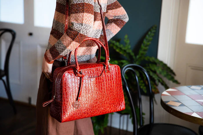 BIDINIS Lisa Grande top handle bag Off White/Dark Brown croc