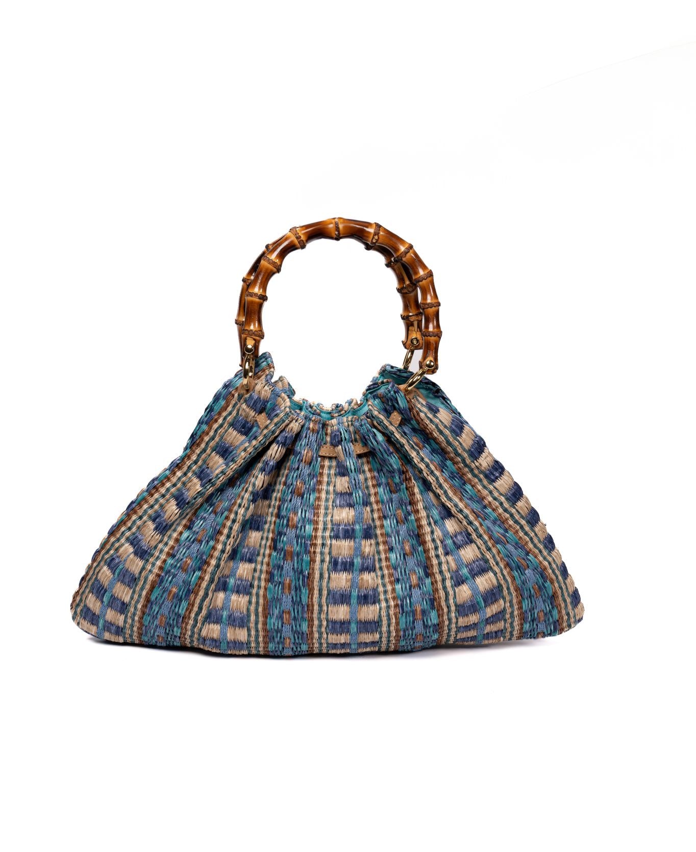 Caterina Raffia Bamboo Bag Aztec pattern Azure