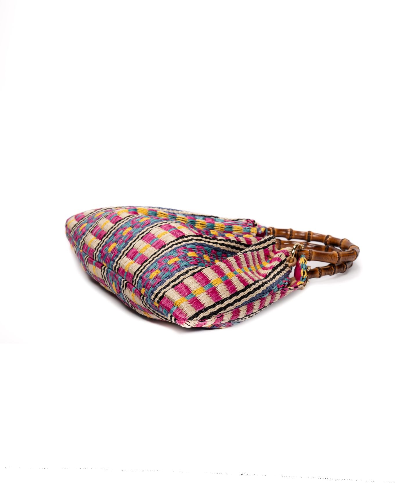 Caterina Raffia Bamboo Bag Aztec pattern Hot Pink