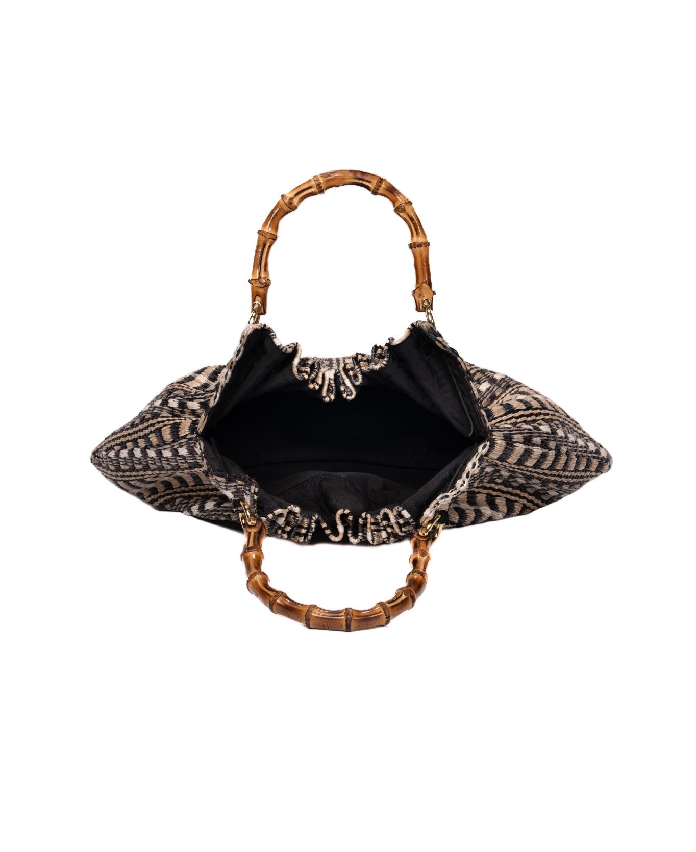 Caterina Raffia Bag Bamboo Handles Aztec Print black - Large