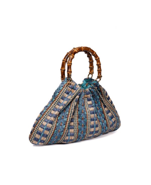 Caterina Raffia Bamboo Bag Aztec pattern Azure