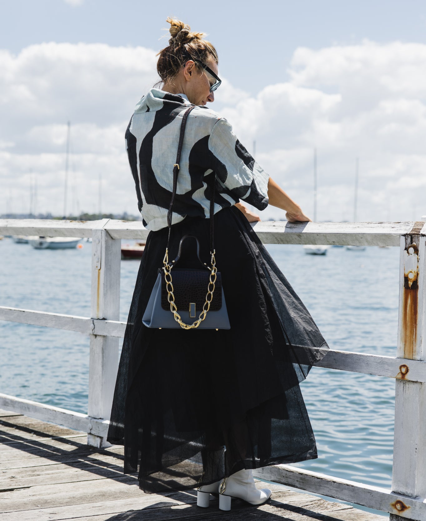 Lisa top handle leather bag Dust Blue and Dark Brown