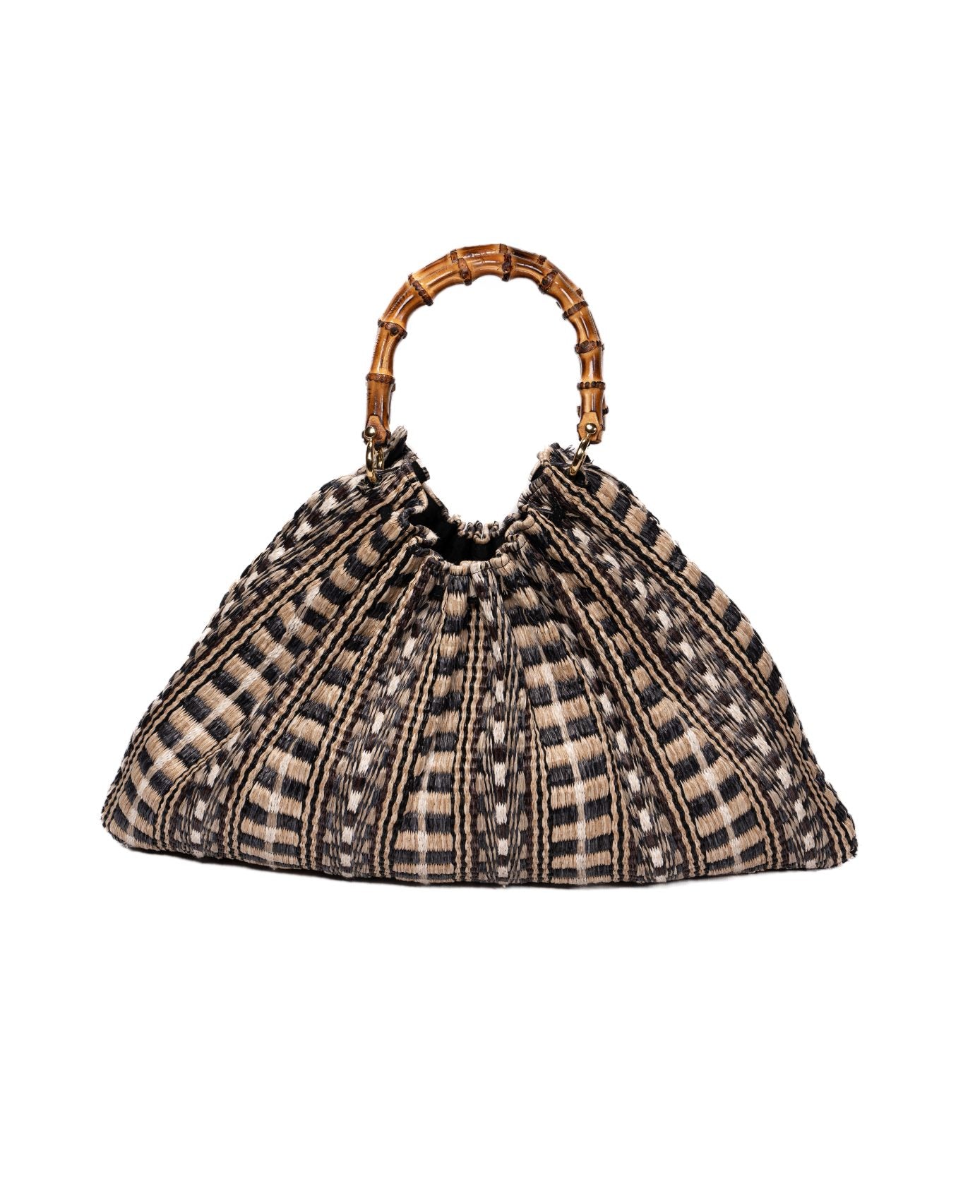 Caterina Raffia Bag Bamboo Handles Aztec Print black - Large