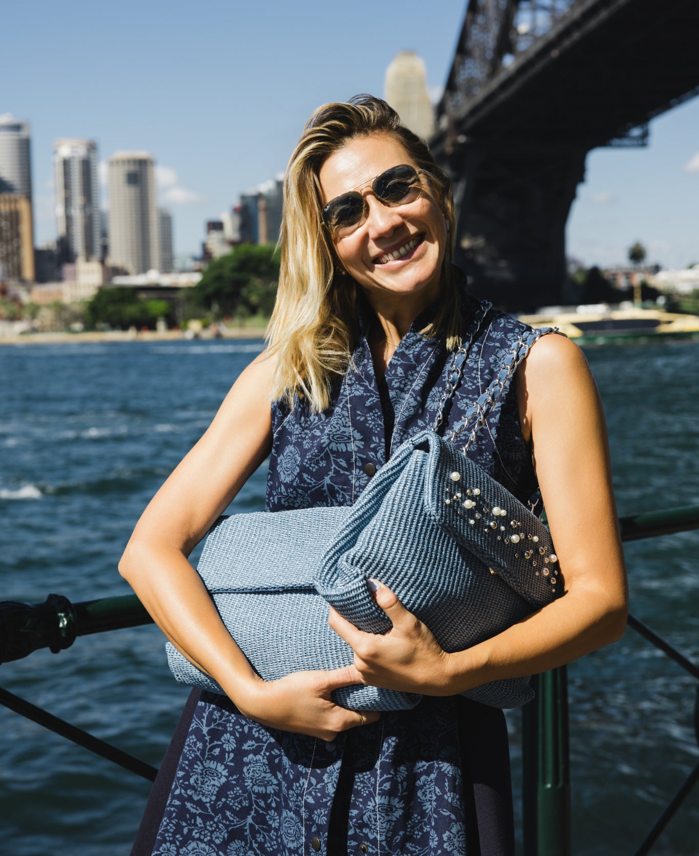 Clarice raffia bag with strap chain Chambray