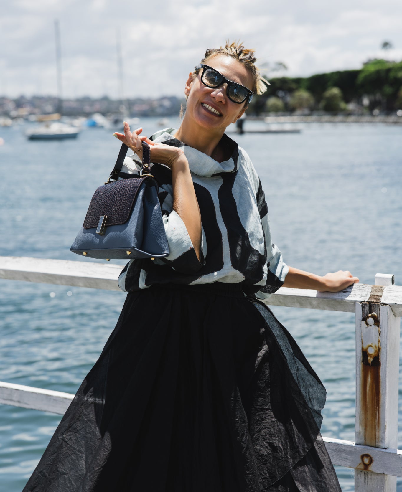 Lisa top handle leather bag Dust Blue and Dark Brown