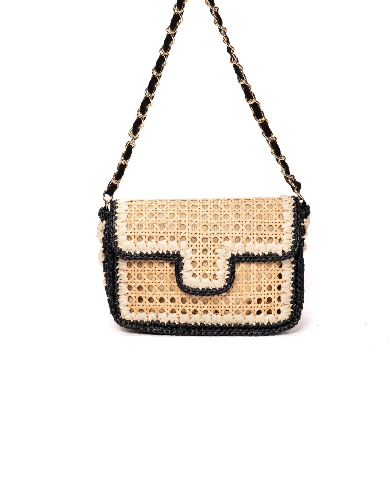 Ginevra Raffia Bag in Black and Off-White - Large