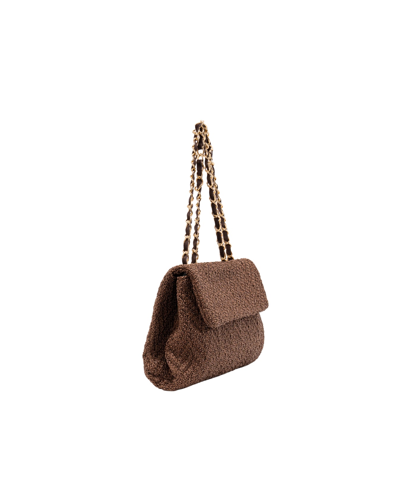 Clarice textured raffia bag with strap chain Dark Brown