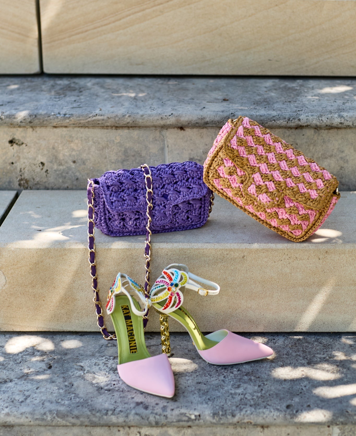 Lucrezia Raffia Crochet Bag - Bicolour Pink & Tan