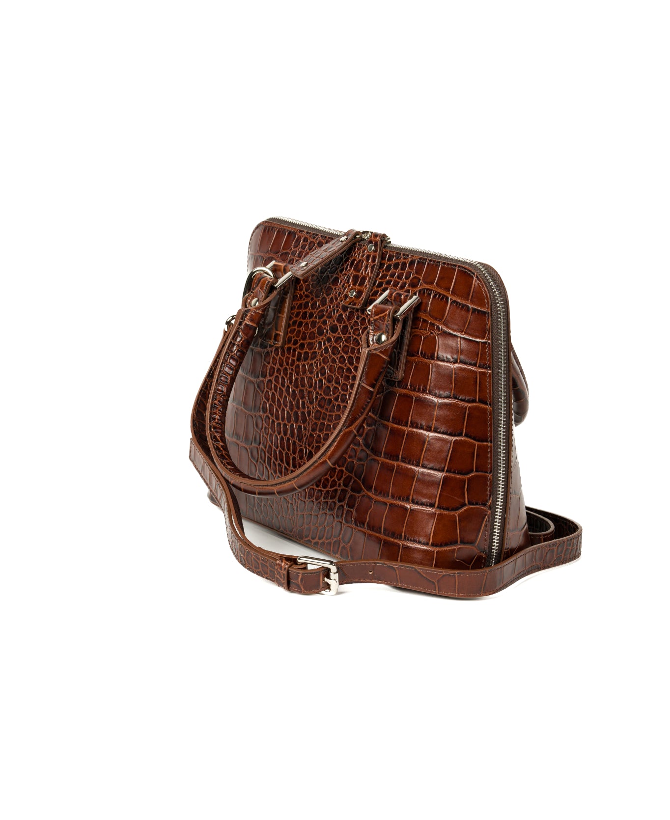 Borsa in pelle di coccodrillo goffrata Bugatti cognac