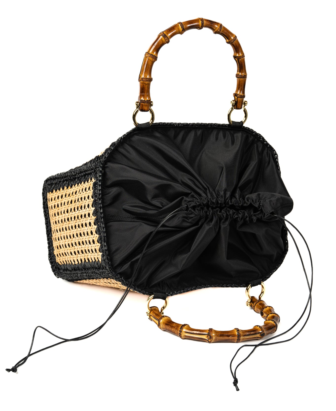 Borsa a secchiello in rattan e rafia con manico in bambù