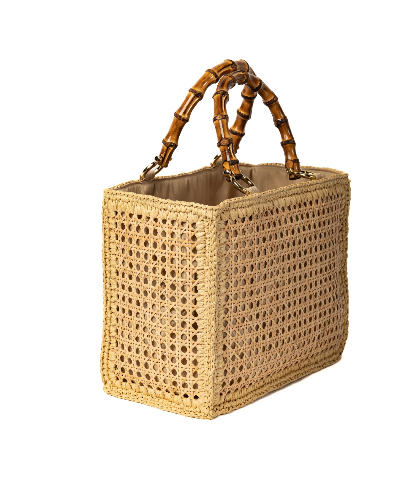 Borsa a secchiello in rattan e rafia con manico in bambù