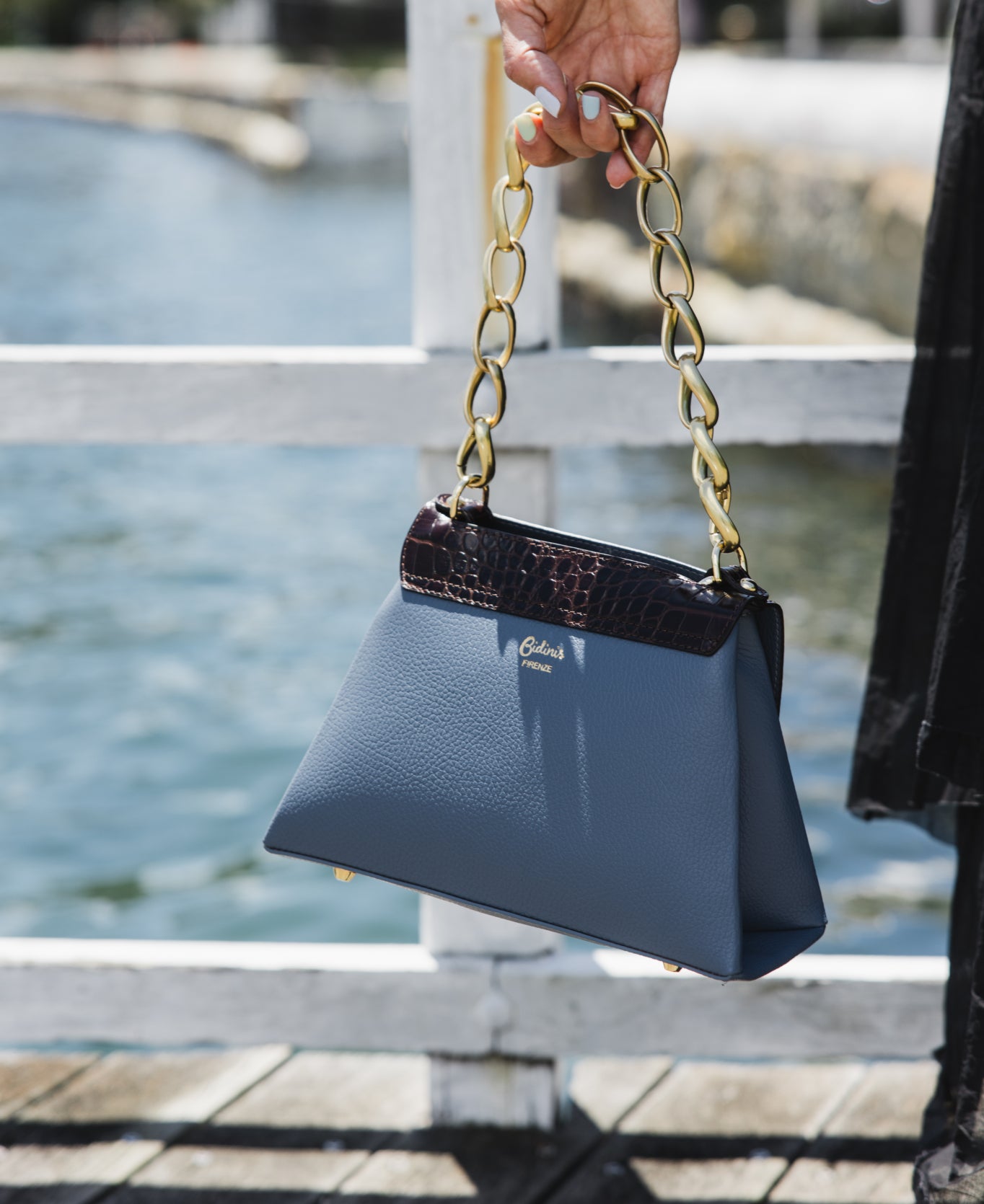 Lisa top handle leather bag Dust Blue and Dark Brown