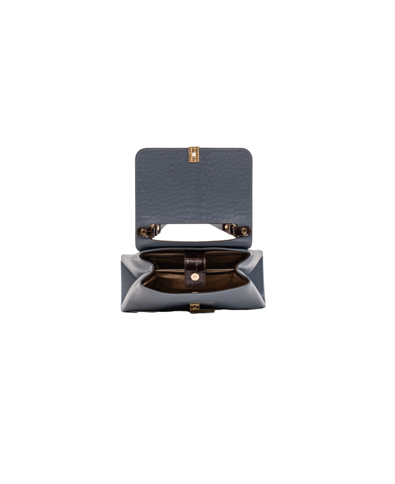 Lisa top handle leather bag Dust Blue and Dark Brown