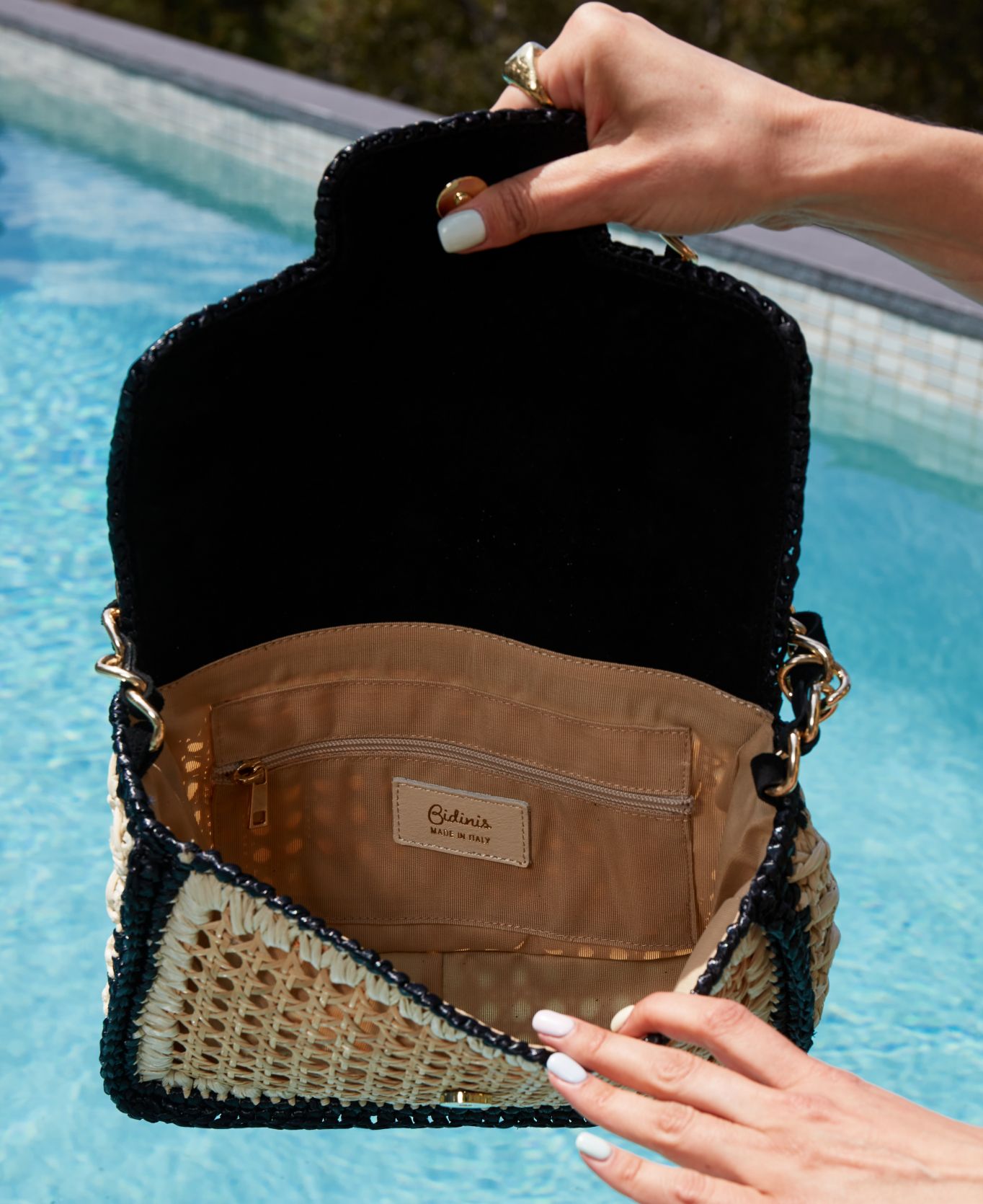 Ginevra Raffia Bag in Black and Off-White - Large