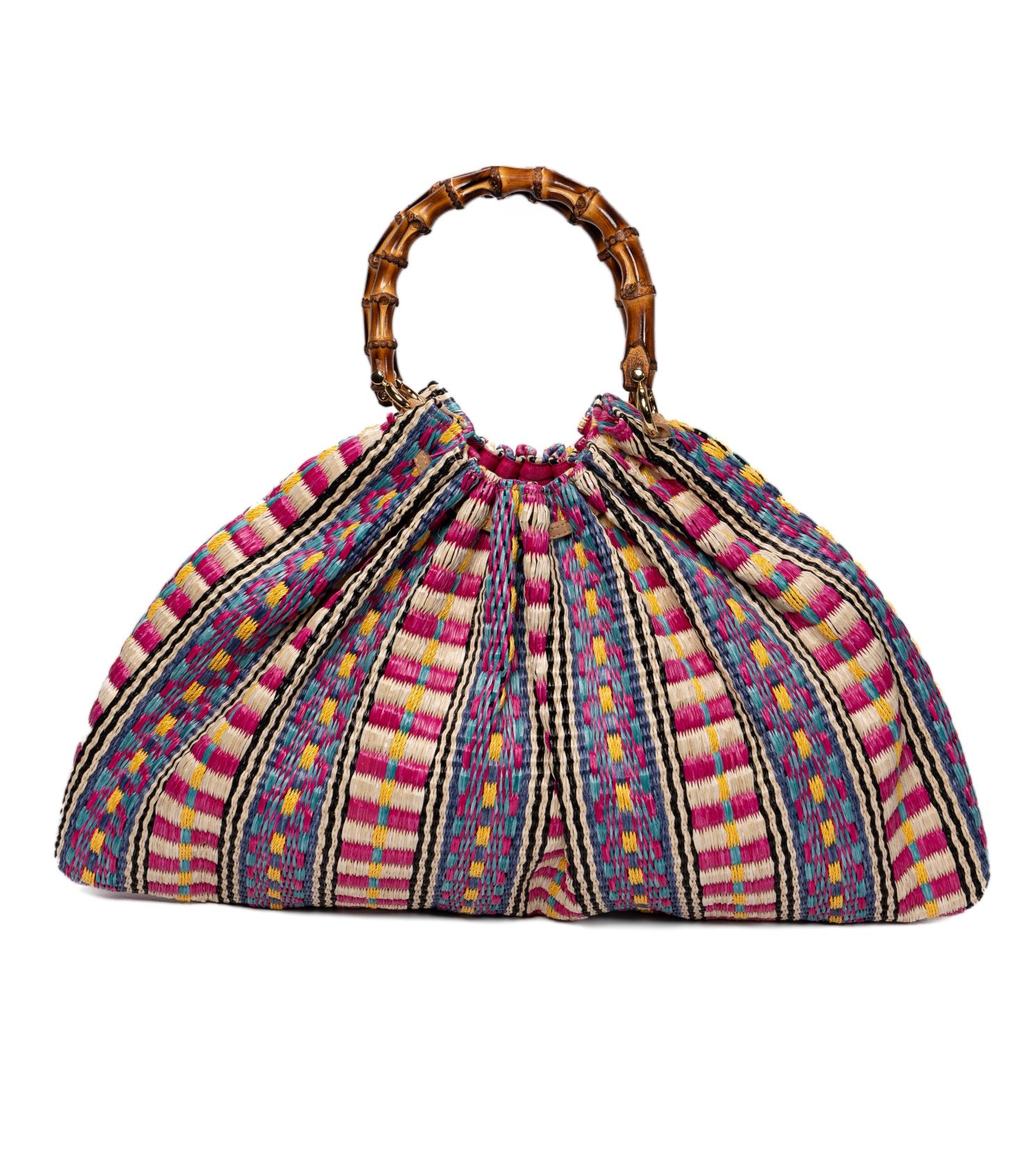 Caterina Raffia Bag Bamboo Handles Aztec Print hot pink - Large