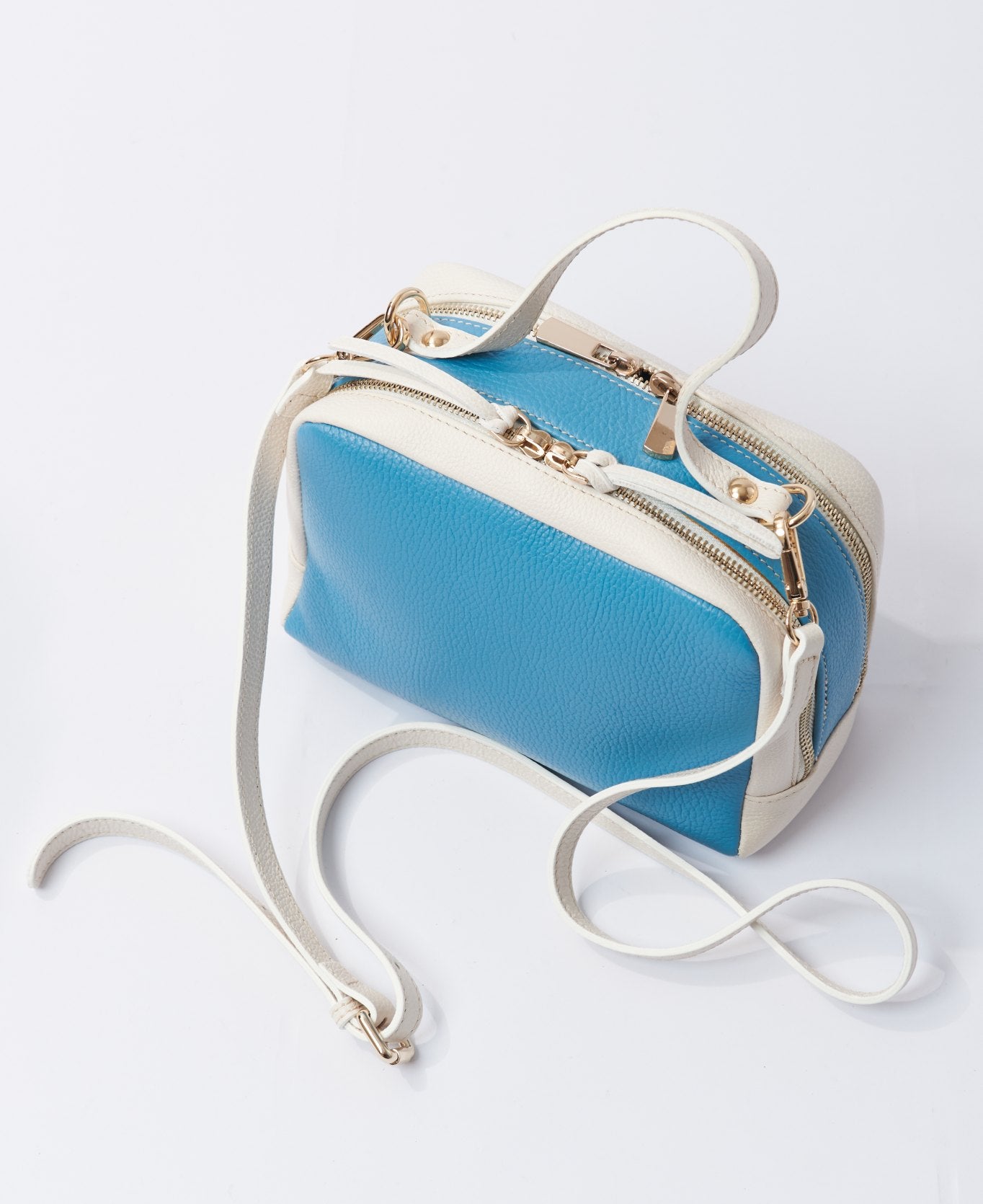 Camera leather bag bi-colour aqua and white