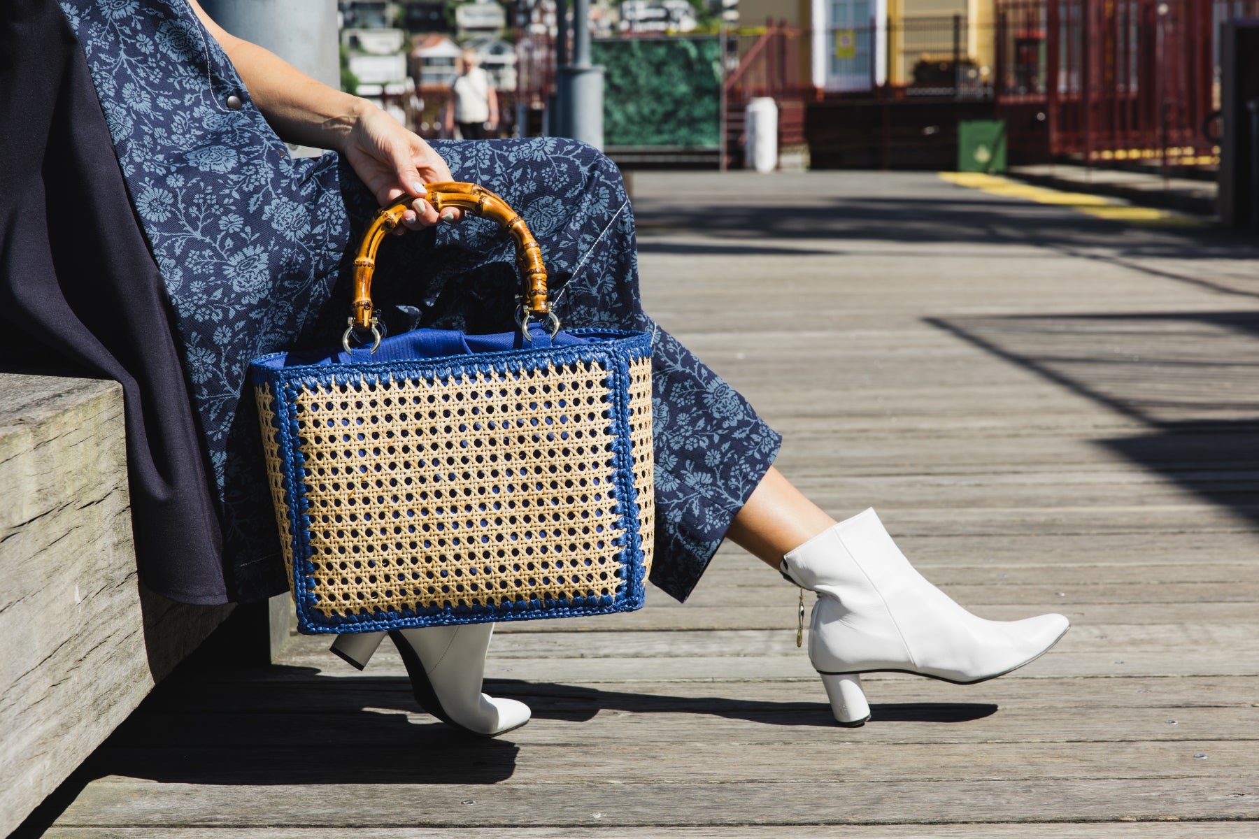 Tote Rattan with Bamboo Handles - Cobalt blue trim