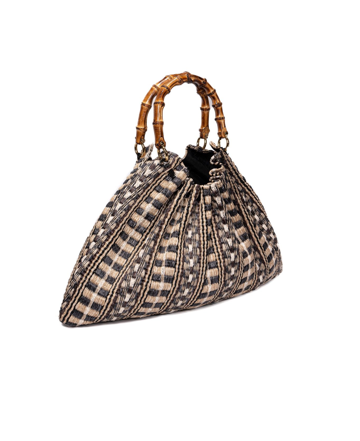 Caterina Raffia Bag Bamboo Handles Aztec Print black - Large