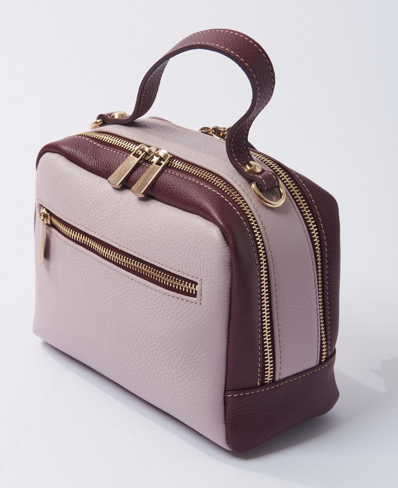 Borsa camera in pelle bicolore lilla e vino