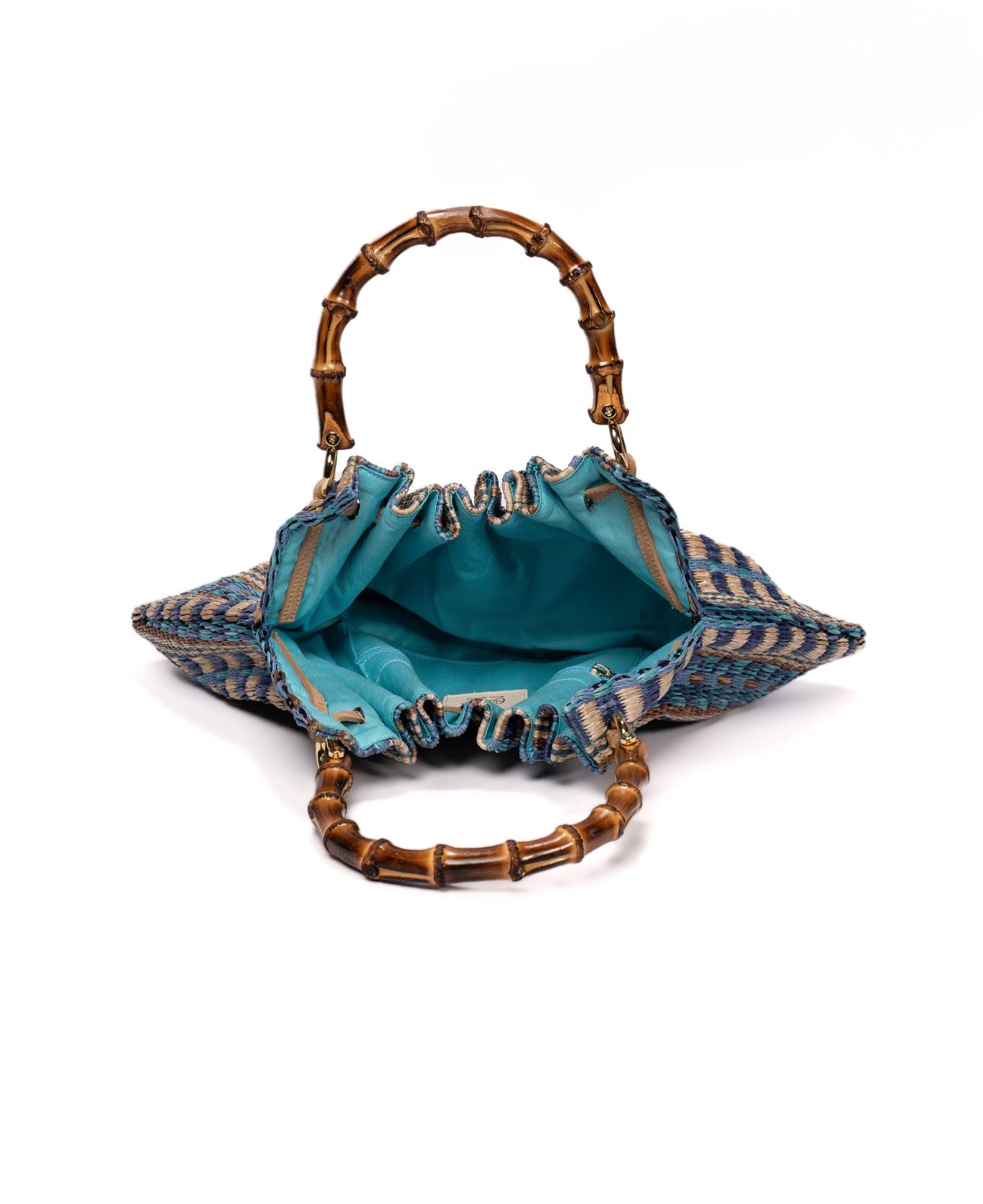 Caterina Raffia Bamboo Bag Aztec pattern Azure