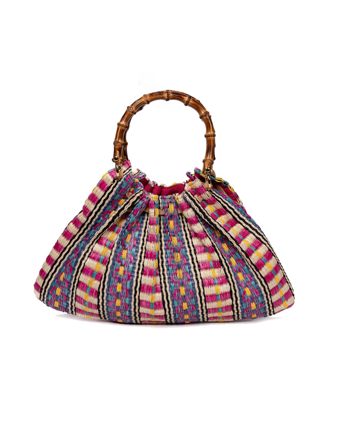 Caterina Raffia Bamboo Bag Aztec pattern Hot Pink