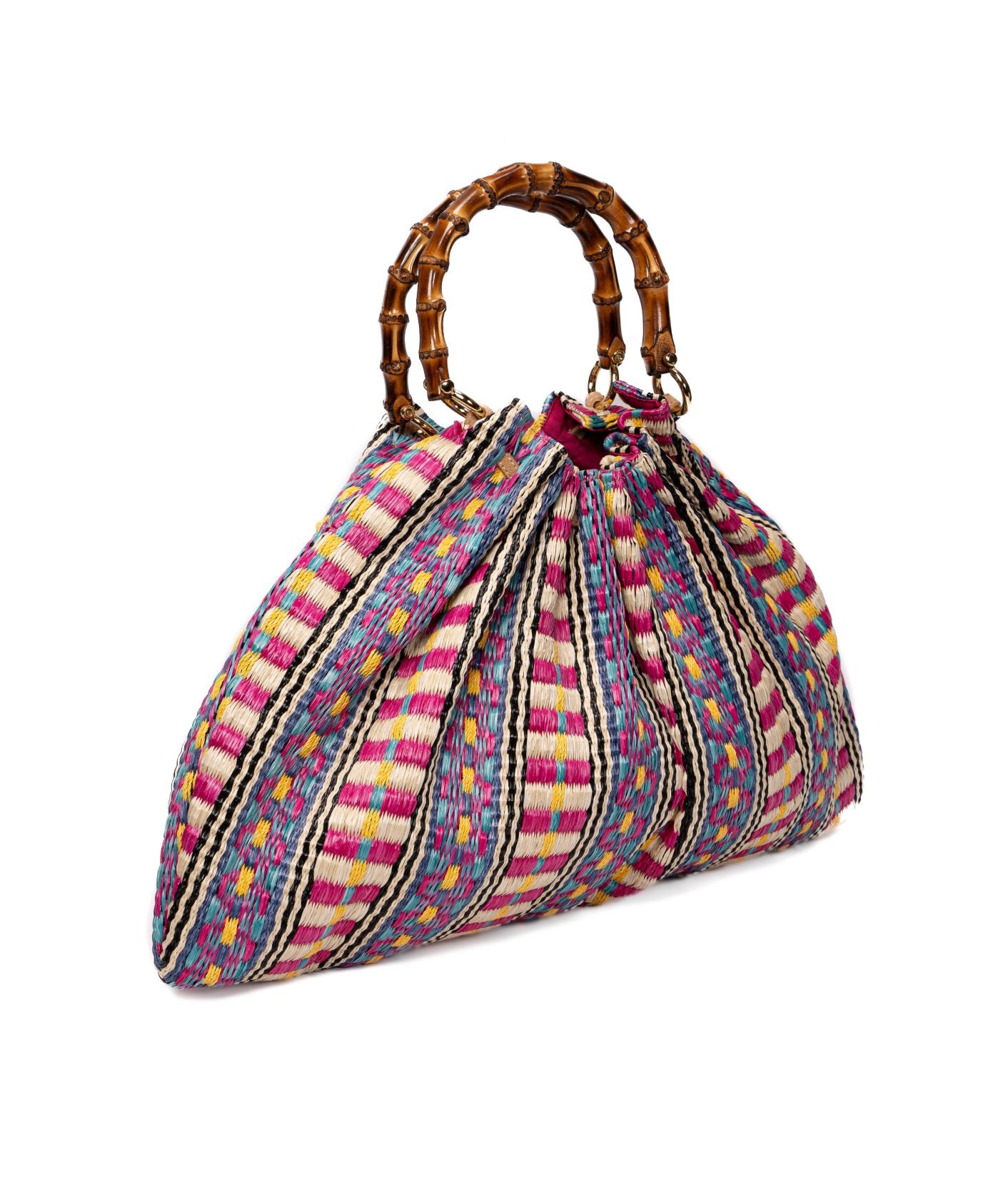 Caterina Raffia Bag Bamboo Handles Aztec Print hot pink - Large