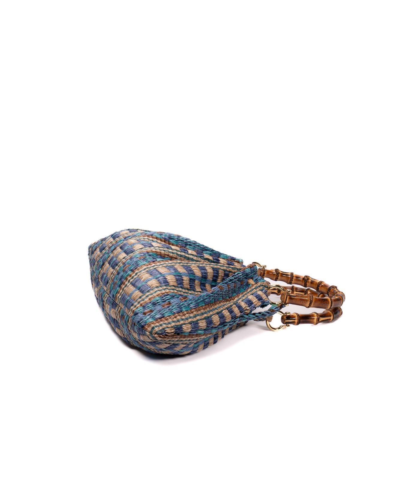 Caterina Raffia Bamboo Bag Aztec pattern Azure