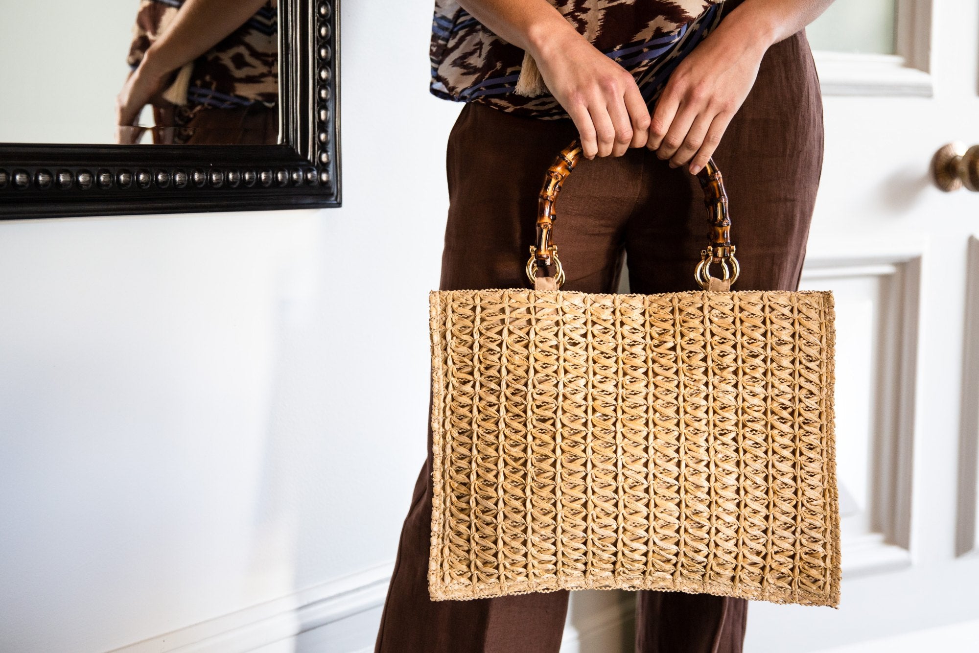 Piccarda Raffia Bamboo Tote Bag