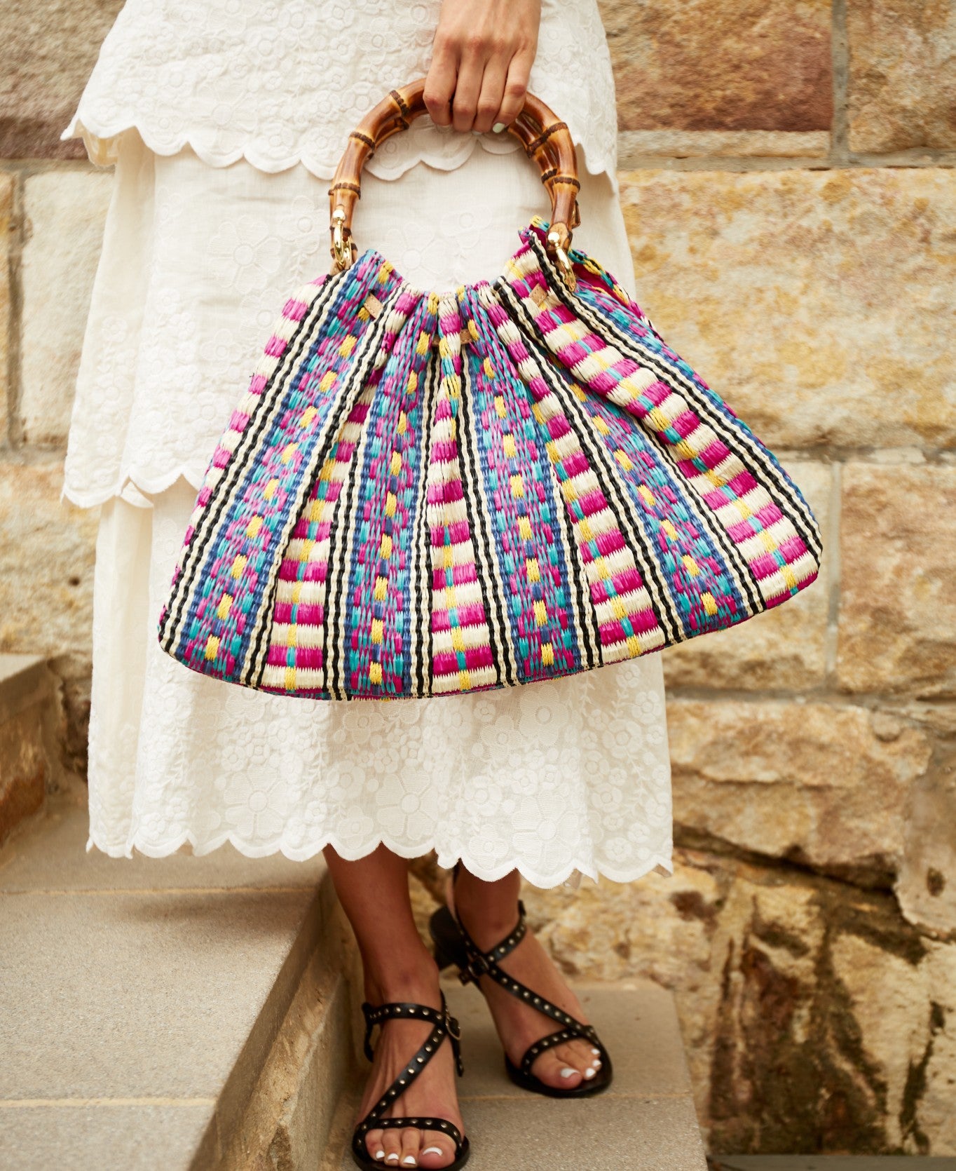 Caterina Raffia Bamboo Bag Aztec pattern Hot Pink