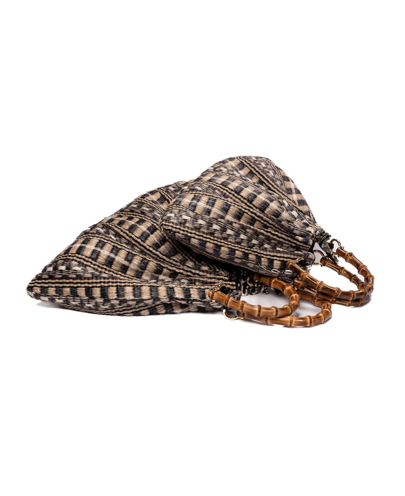 Caterina Raffia Bag Bamboo Handles Aztec Print black - Large