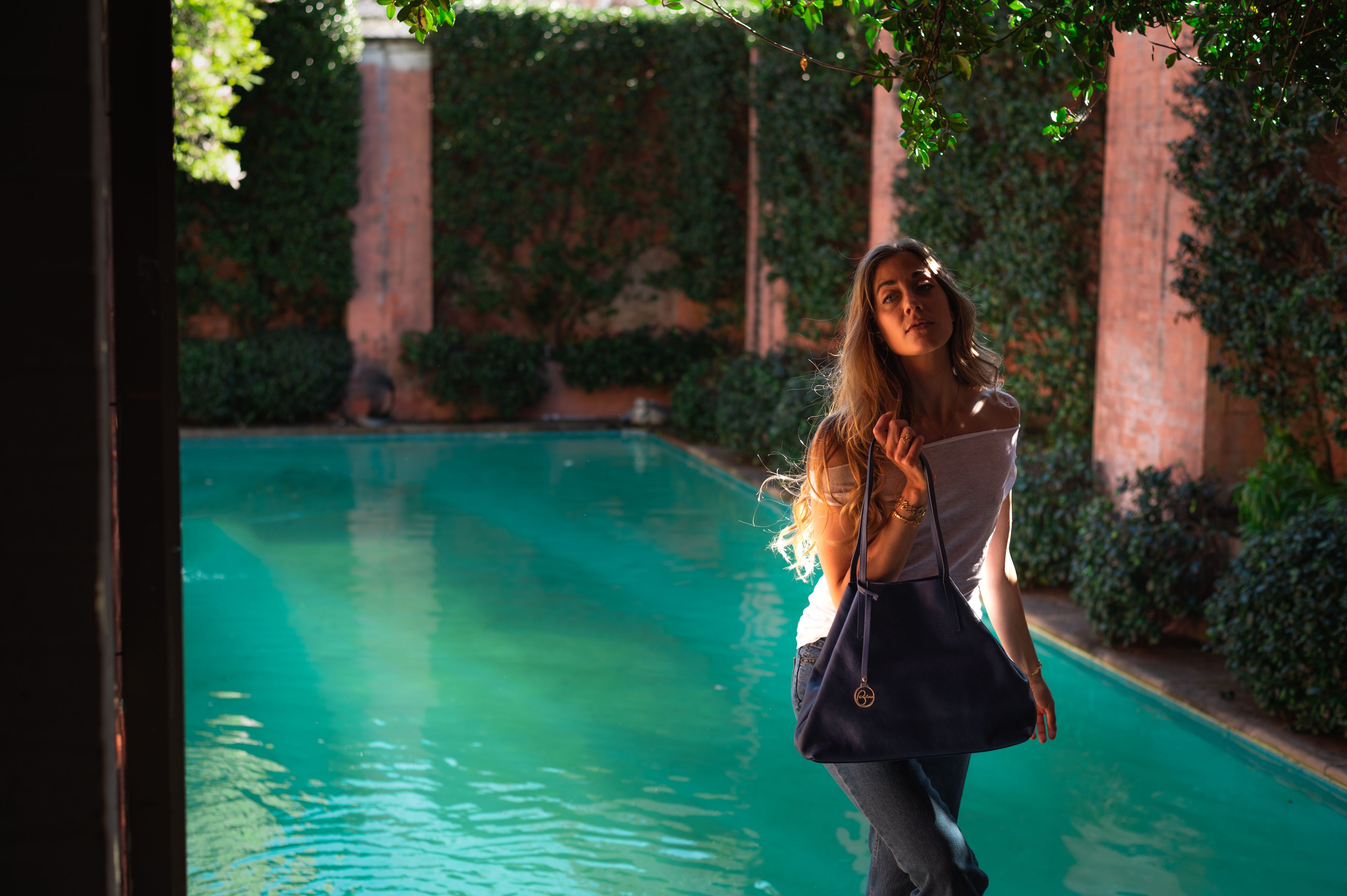 Frida tote leather bag blue denim