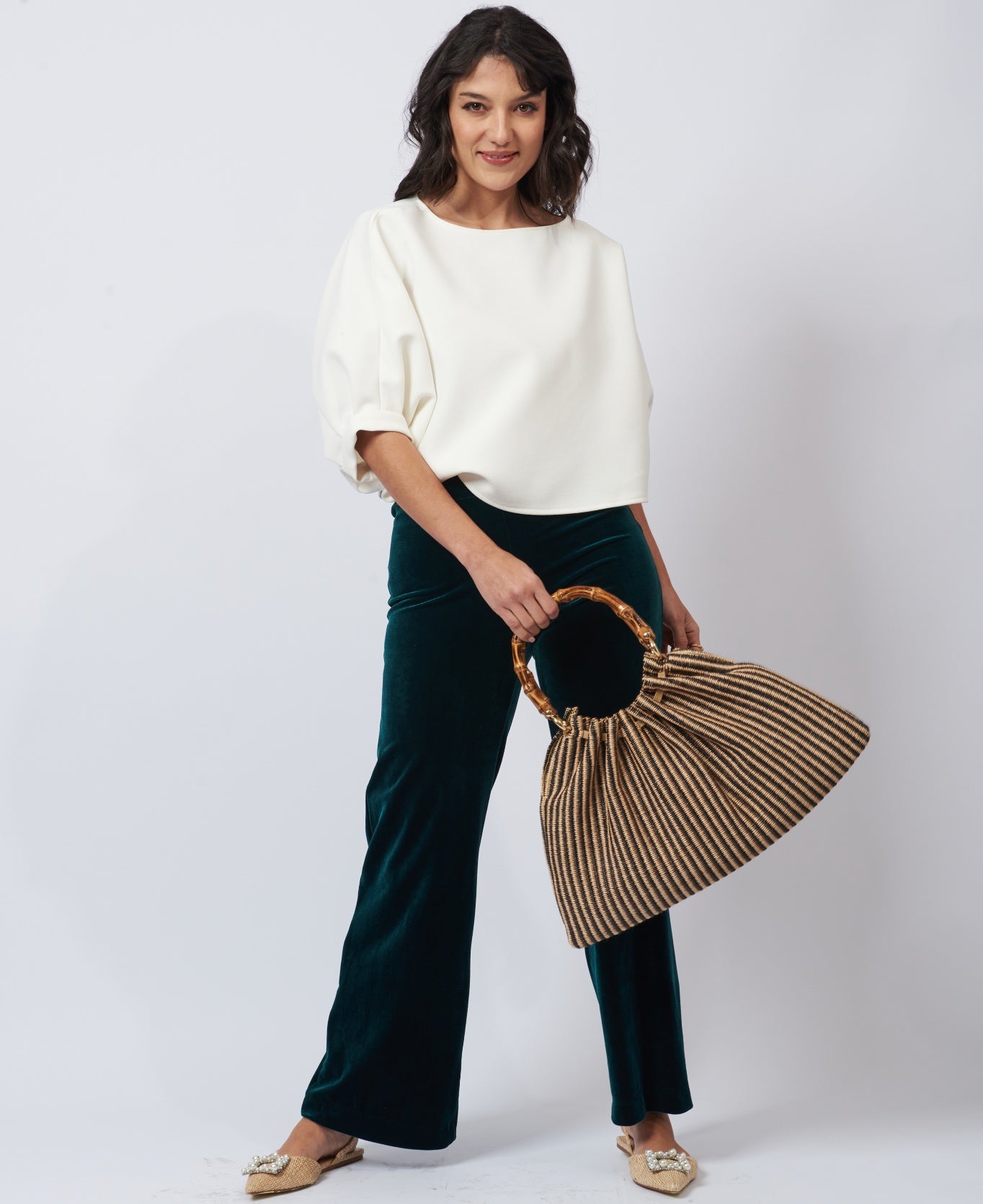 Caterina Bamboo Raffia Bag - stripes black and natural