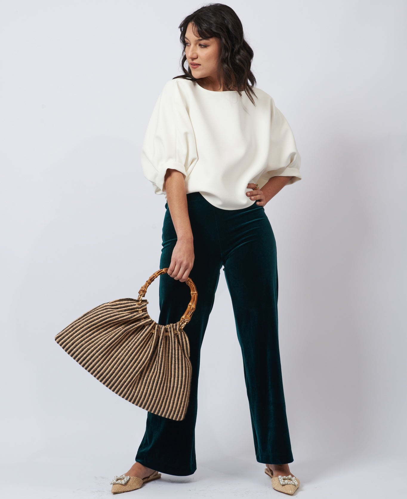 Caterina Bamboo Raffia Bag - stripes black and natural