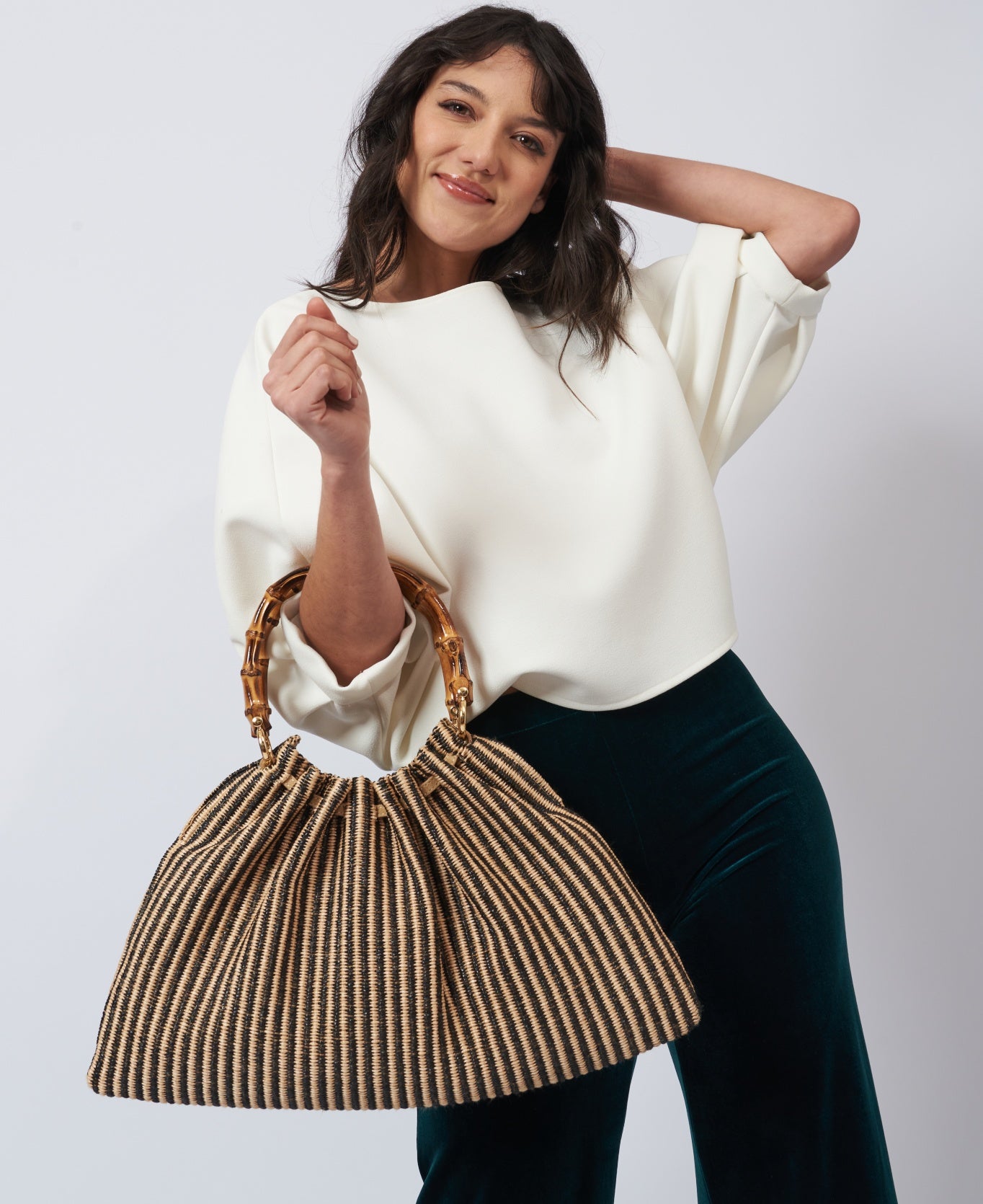 Caterina Bamboo Raffia Bag - stripes black and natural