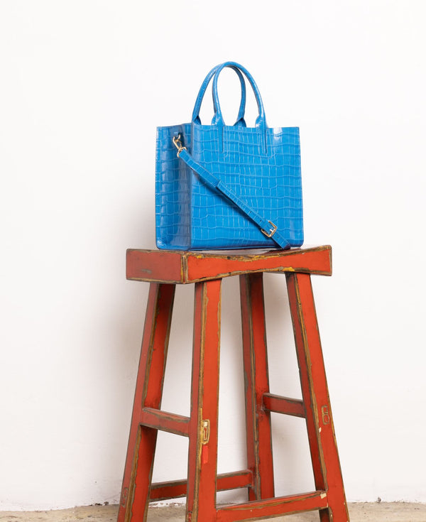Florence Tote leather bag croco embossed azure