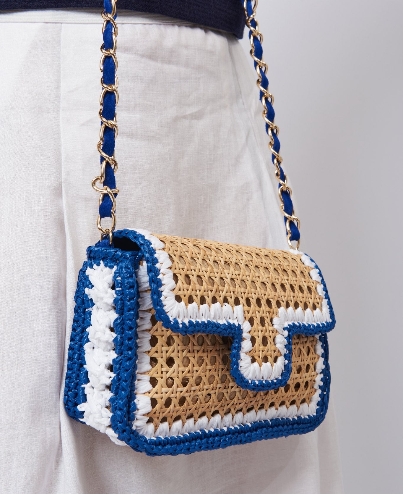 Ginevra Rattan and Raffia Bag Cobalt blue and white