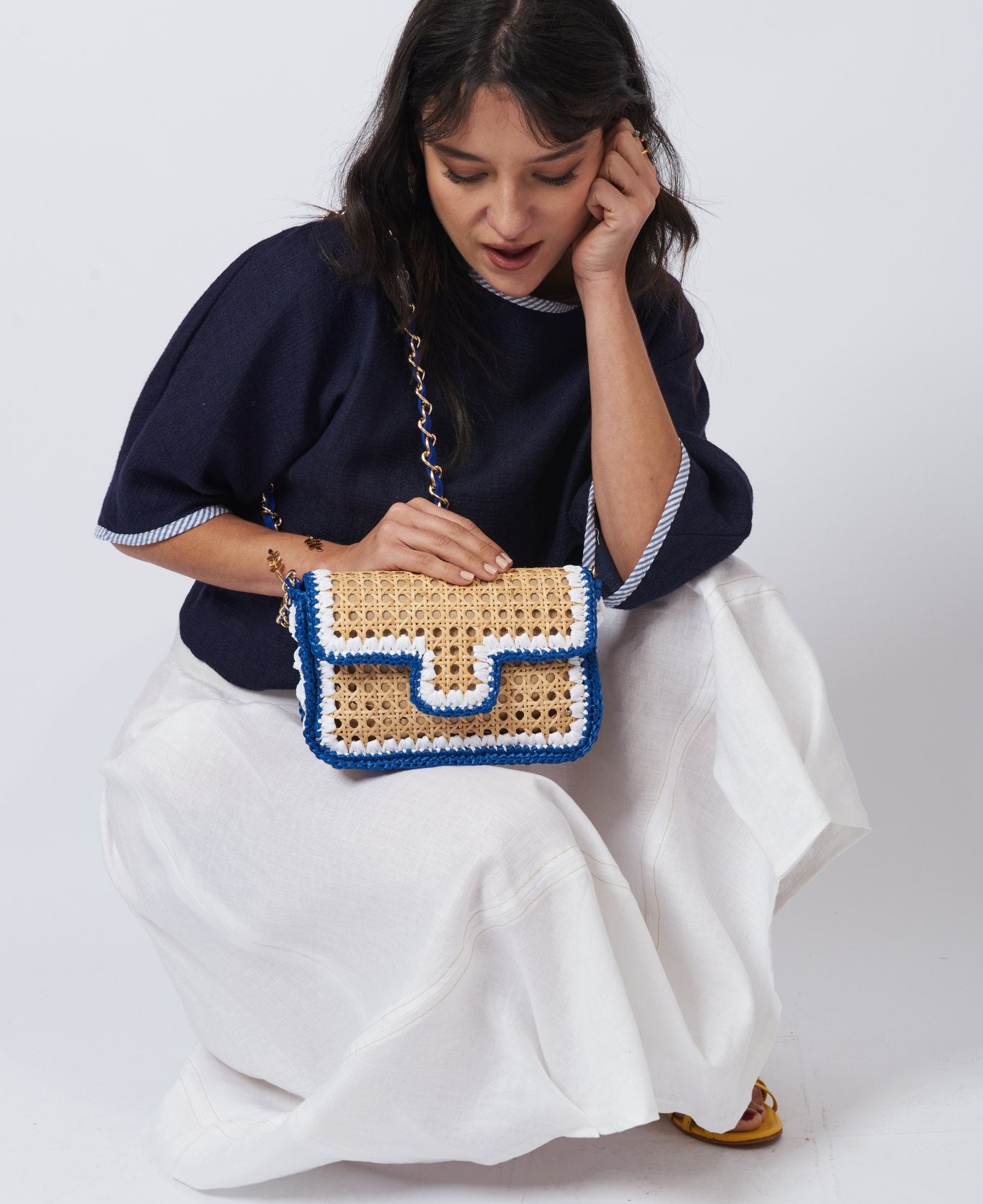 Ginevra Rattan and Raffia Bag Cobalt blue and white