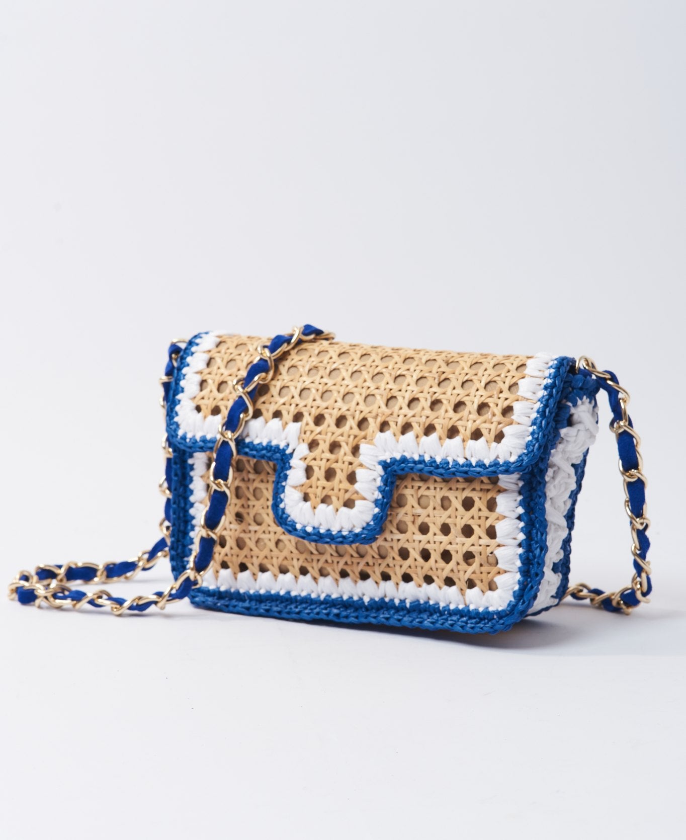 Ginevra Rattan and Raffia Bag Cobalt blue and white