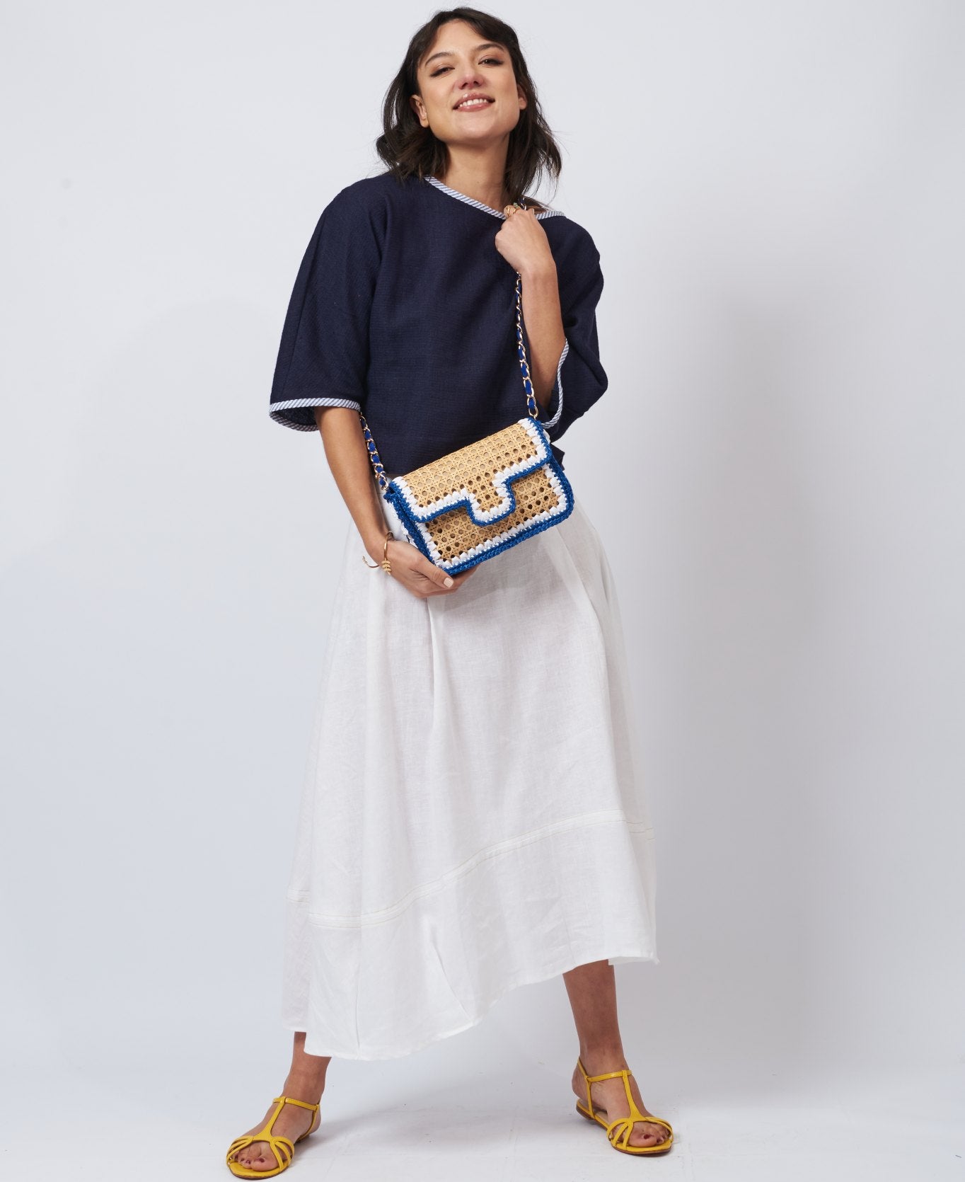 Ginevra Rattan and Raffia Bag Cobalt blue and white