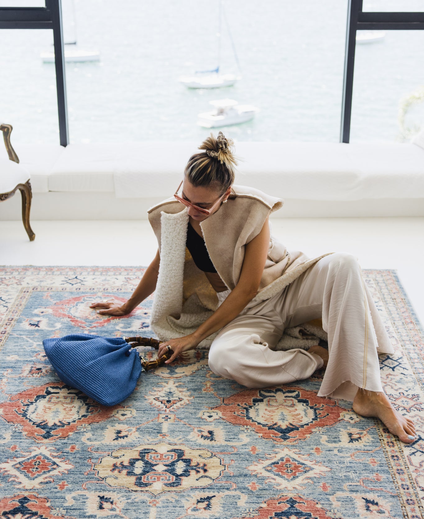 Caterina Raffia Bamboo Bag Cobalt Blue