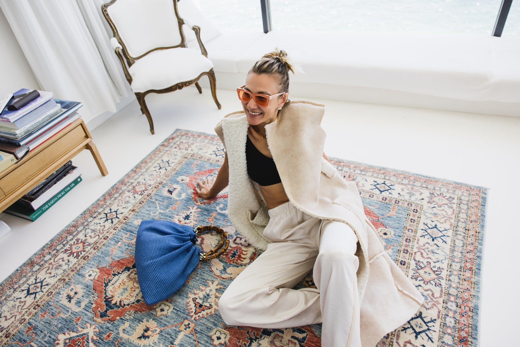 Caterina Raffia Bamboo Bag Cobalt Blue