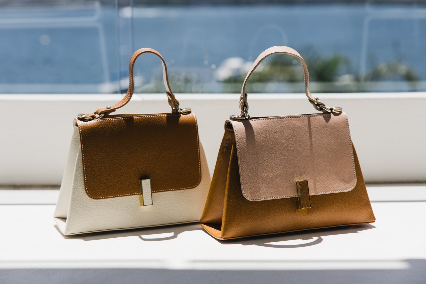 Lisa top handle leather bag Tan and Blush