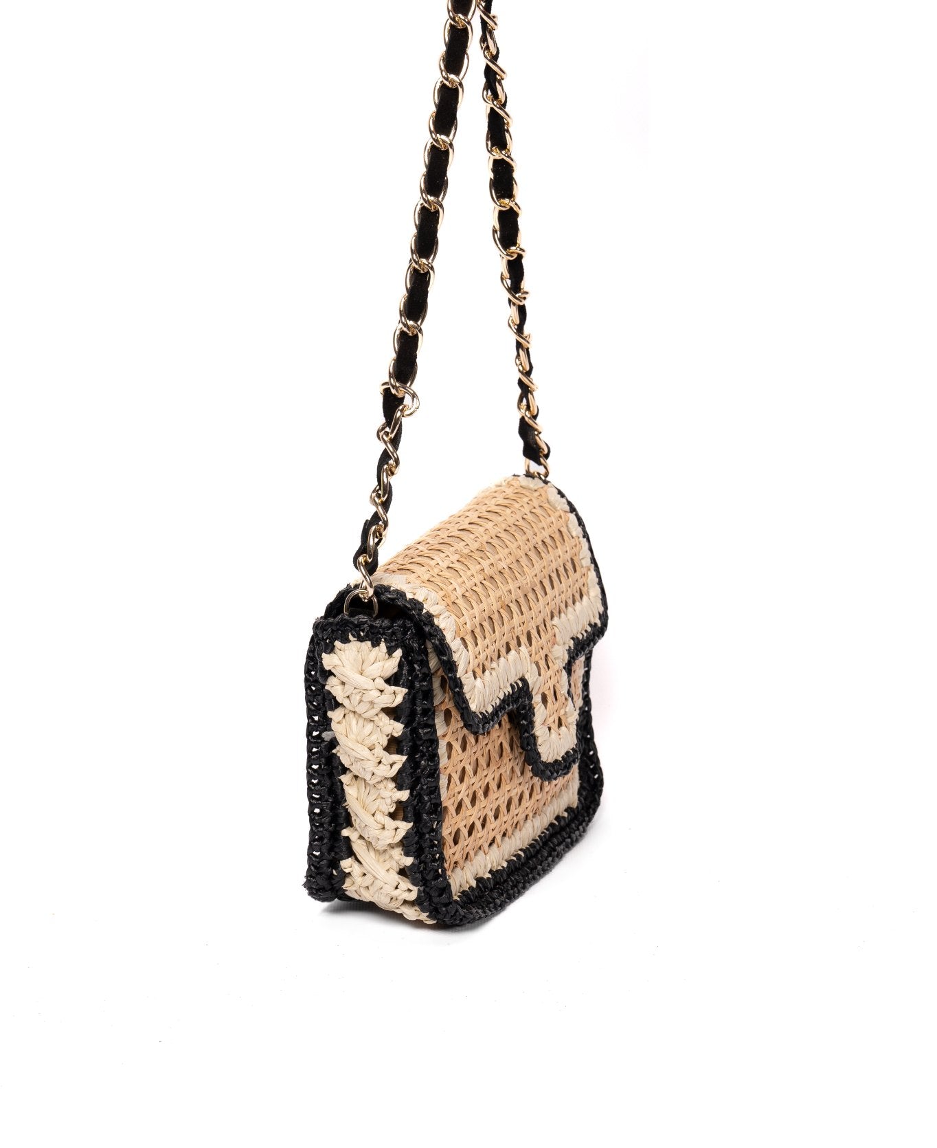 Ginevra Raffia Bag in Black and Off-White - Large