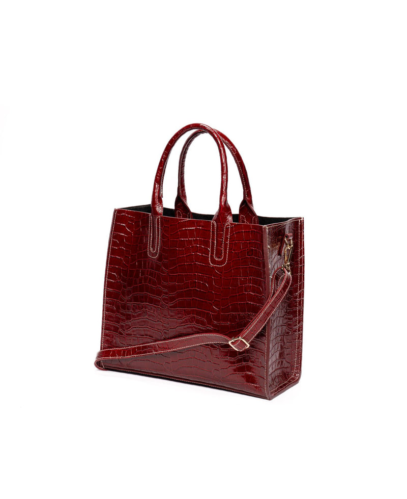 Florence Tote leather bag croco-embossed Burgundy red