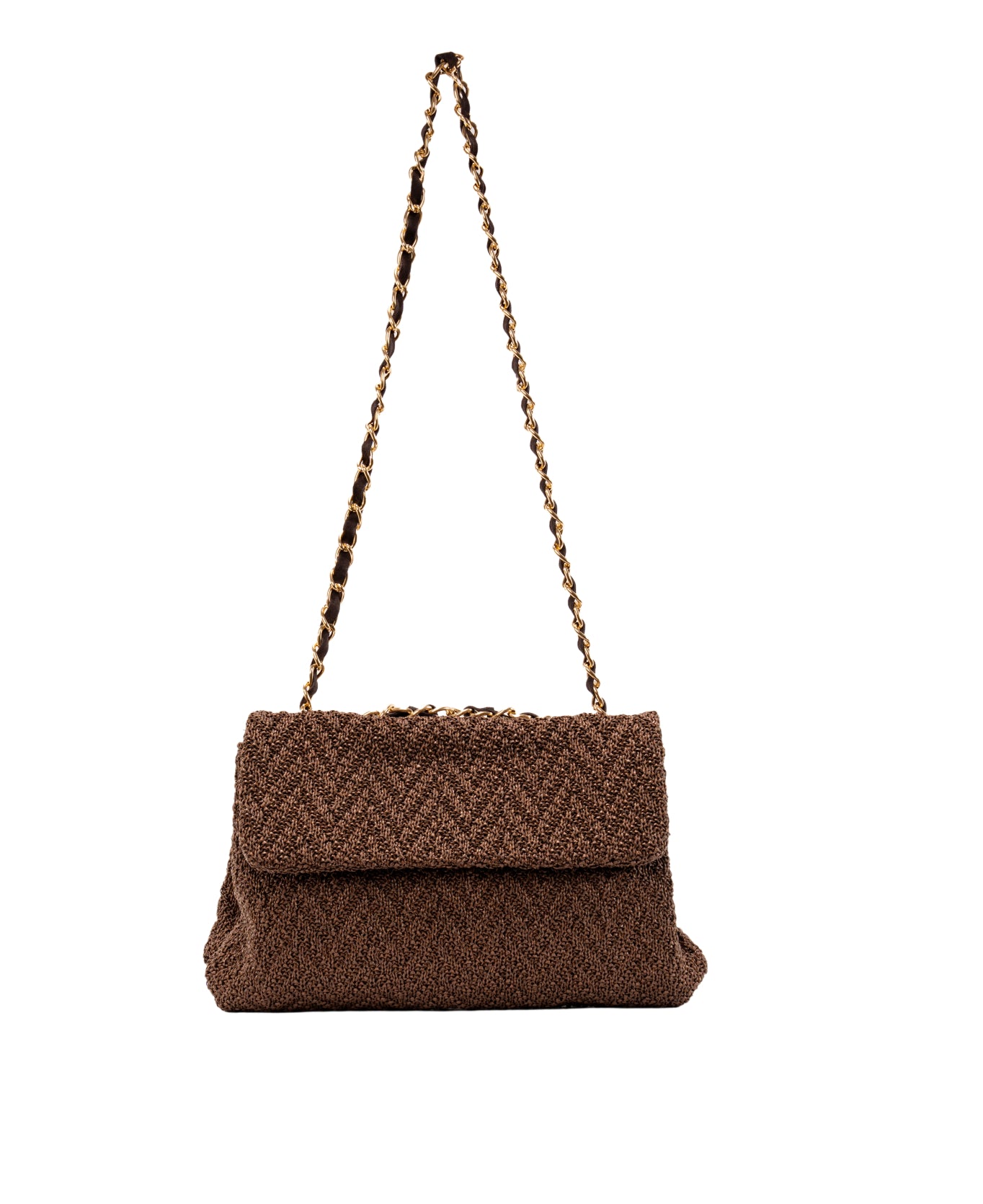 Clarice textured raffia bag with strap chain Dark Brown