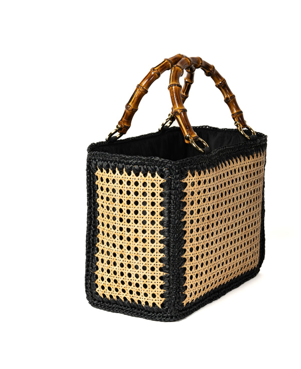 Tote Rattan with Bamboo Handles - Black trim
