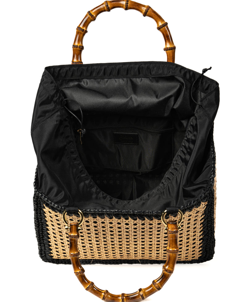 Borsa a secchiello in rattan e rafia con manico in bambù