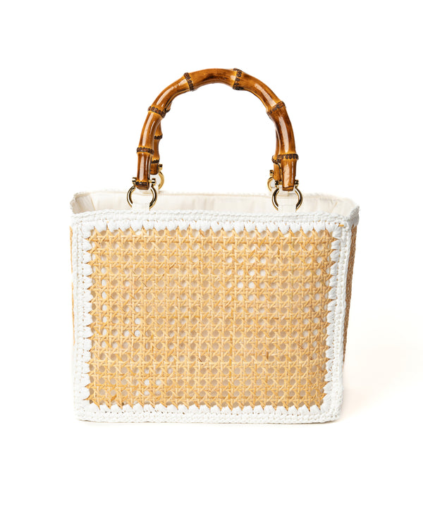 Tote Rattan with Bamboo Handles - white trim
