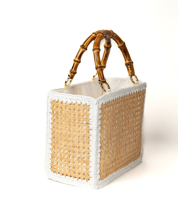 Tote Rattan with Bamboo Handles - white trim