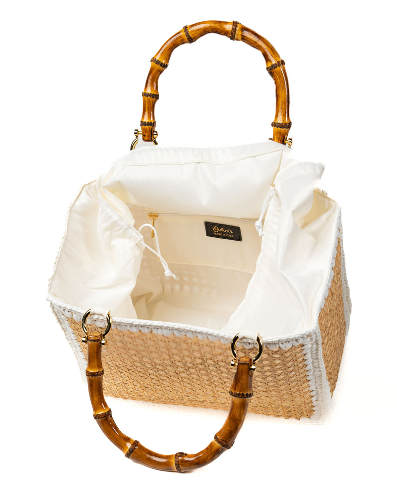 Tote Rattan with Bamboo Handles - white trim